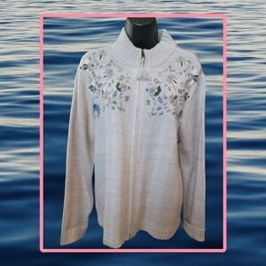 JENNIFER MOORE Full-zip Knit Sweater Floral Embroidery Size Large Vintage Cream